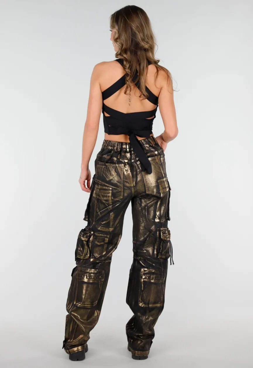 Zwarte Cargo Jeans met Gouden Metallic Coating en Zakken