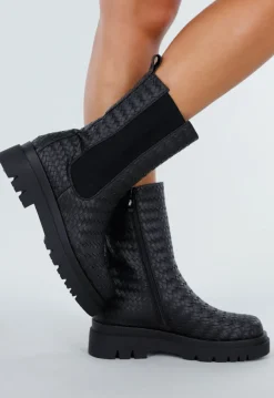 Zwarte Chelsea Boots met Geweven Detail en Chunky Zool