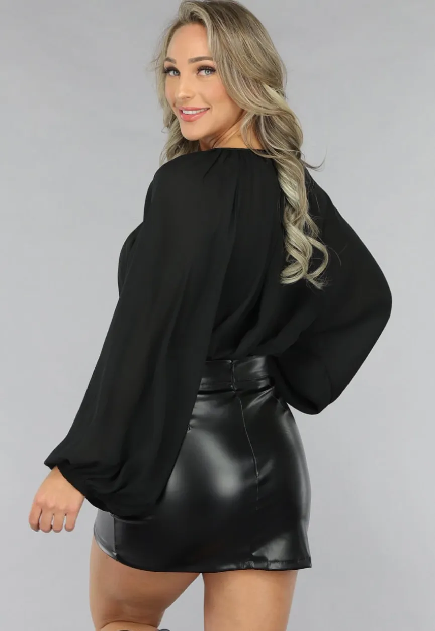 Zwarte Chiffon Blouse met Pofmouwen