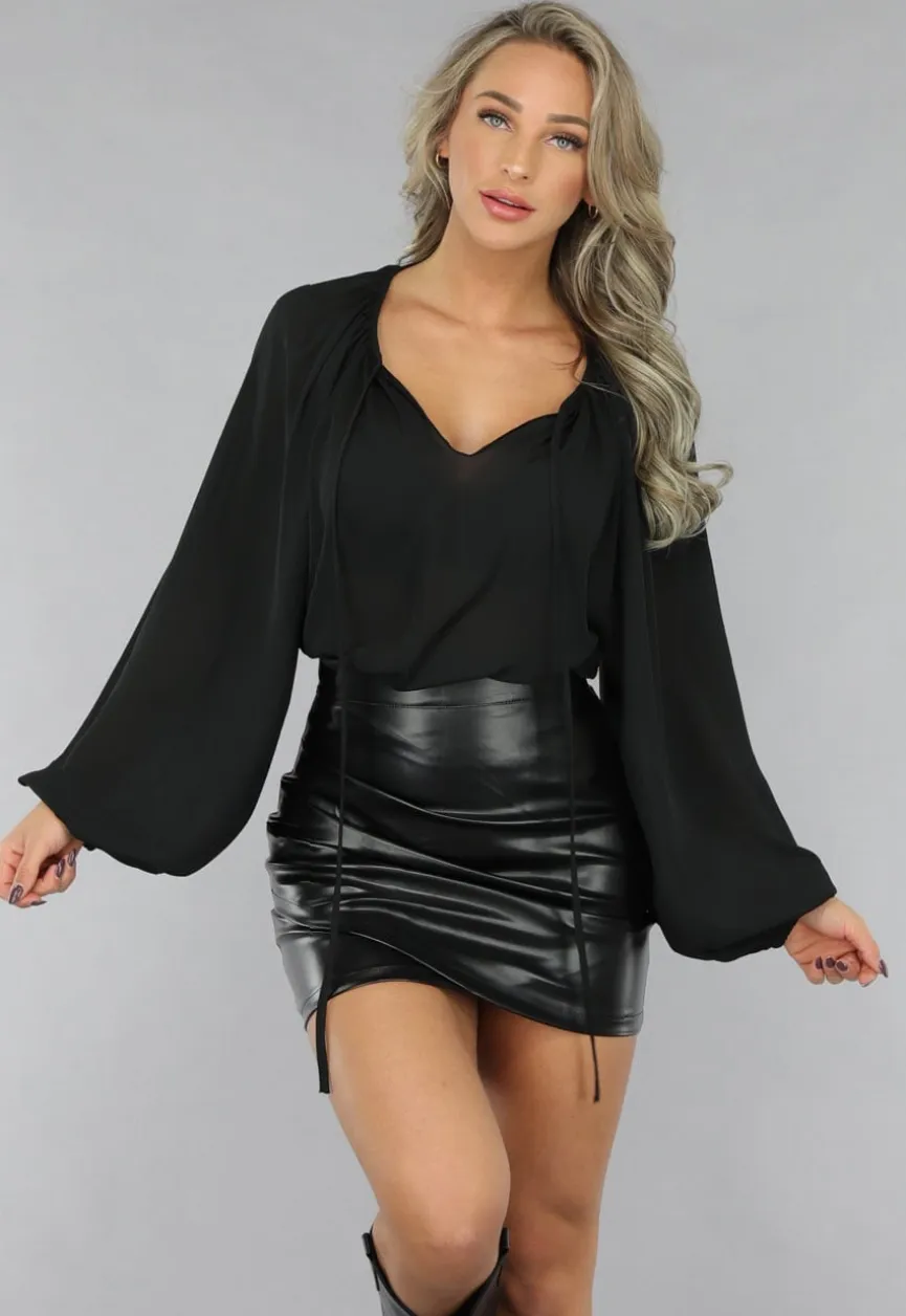 Zwarte Chiffon Blouse met Pofmouwen