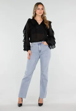 Zwarte Chiffon Blouse met Ruches