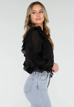 Zwarte Chiffon Blouse met Ruches