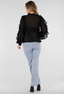 Zwarte Chiffon Blouse met Ruches