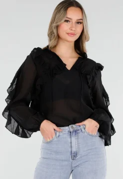 Zwarte Chiffon Blouse met Ruches