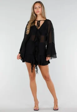 Zwarte Chiffon Blouse met Ruches en Knoopsluiting