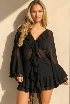 Zwarte Chiffon Blouse met Ruches en Knoopsluiting