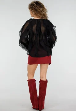 Zwarte Chiffon Blouse met Ruffle Details en Lange Mouwen