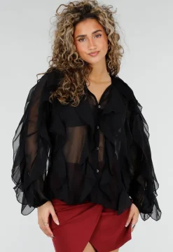 Zwarte Chiffon Blouse met Ruffle Details en Lange Mouwen
