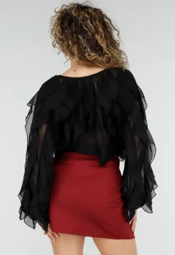 Zwarte Chiffon Blouse met Ruffle Details en Lange Mouwen