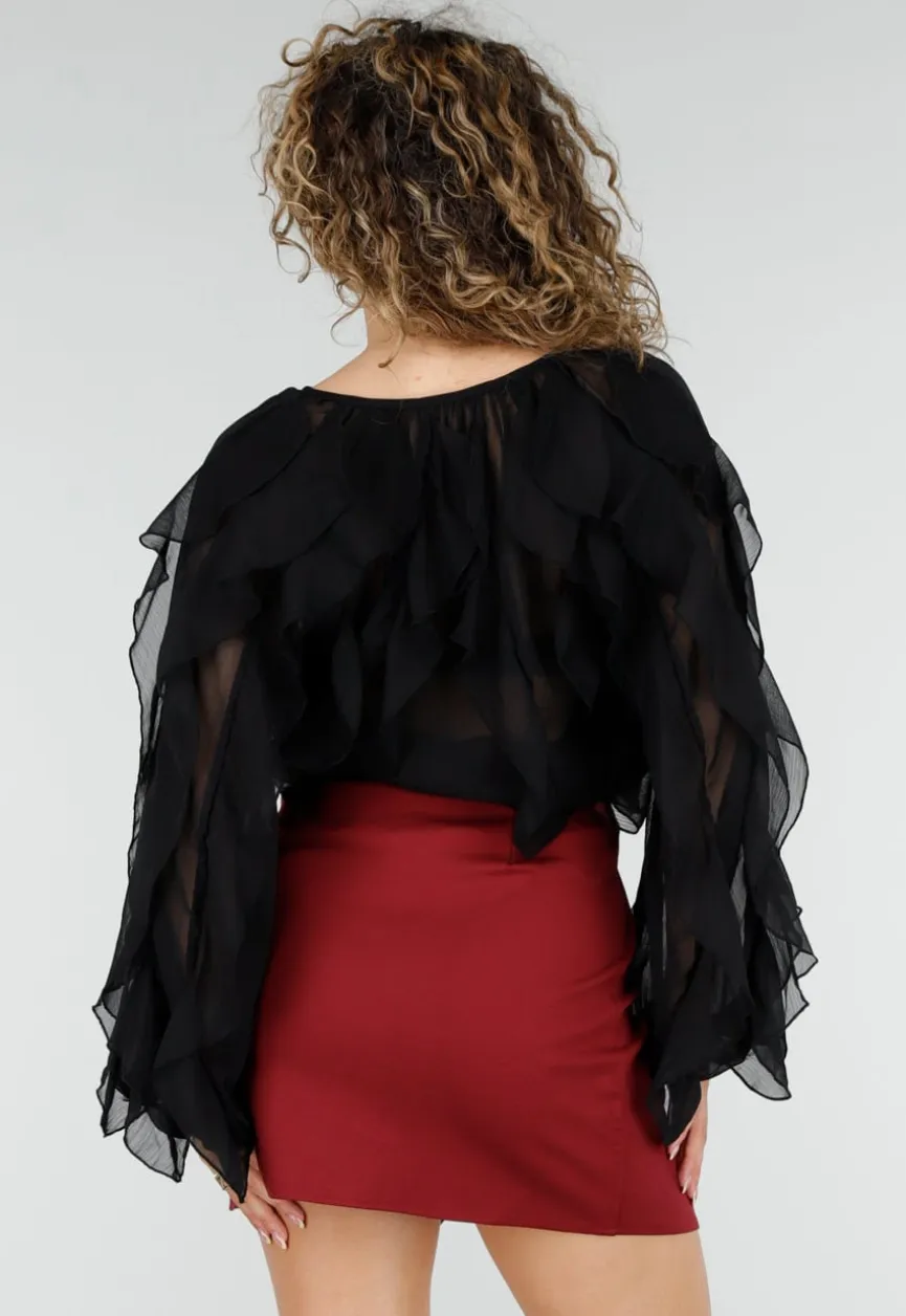 Zwarte Chiffon Blouse met Ruffle Details en Lange Mouwen