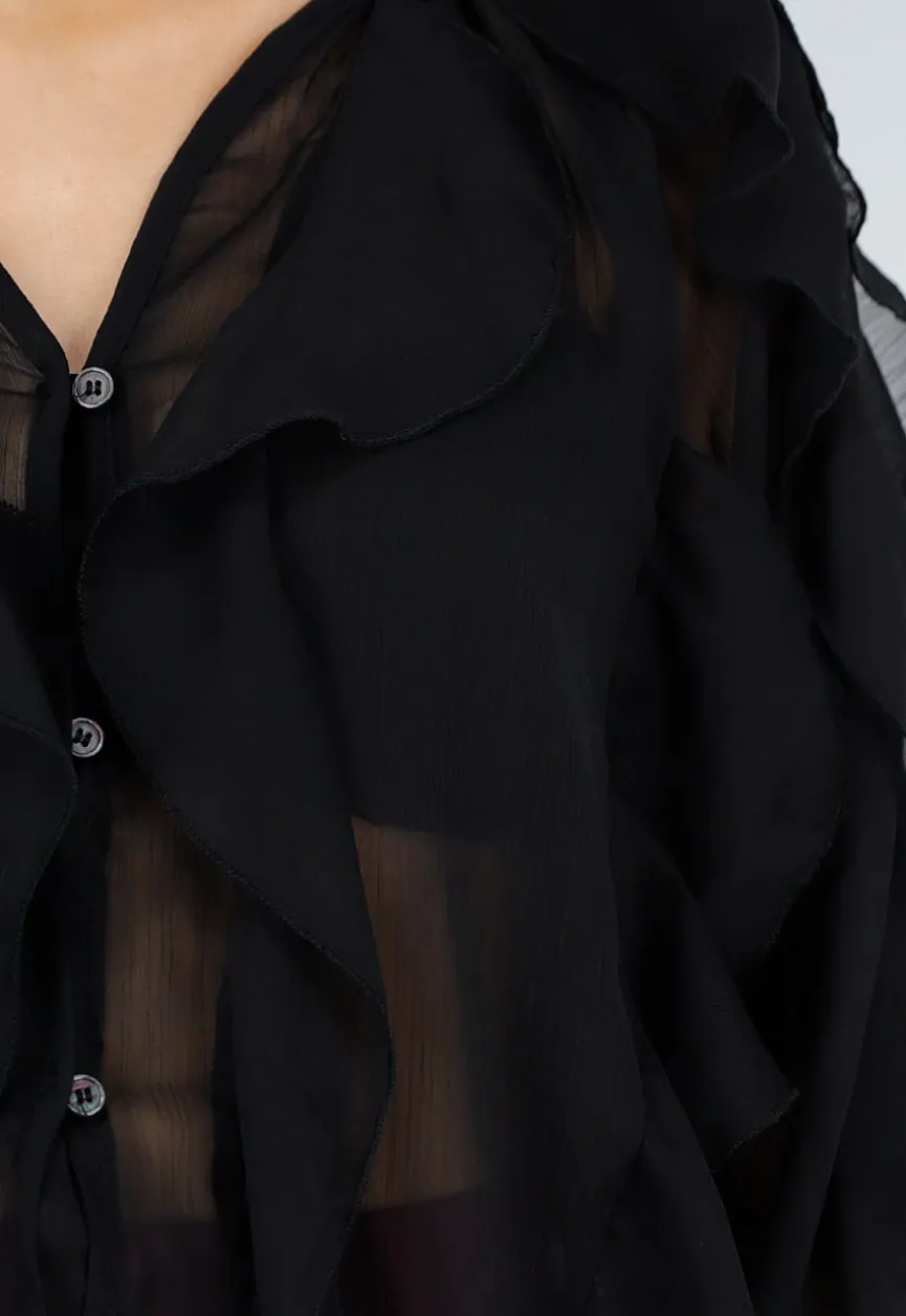 Zwarte Chiffon Blouse met Ruffle Details en Lange Mouwen