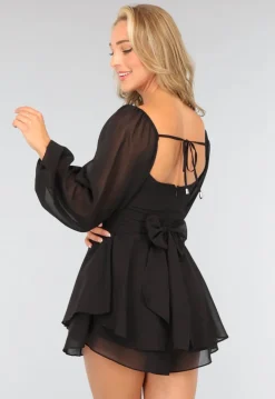 Zwarte Chiffon Playsuit met Pofmouwen