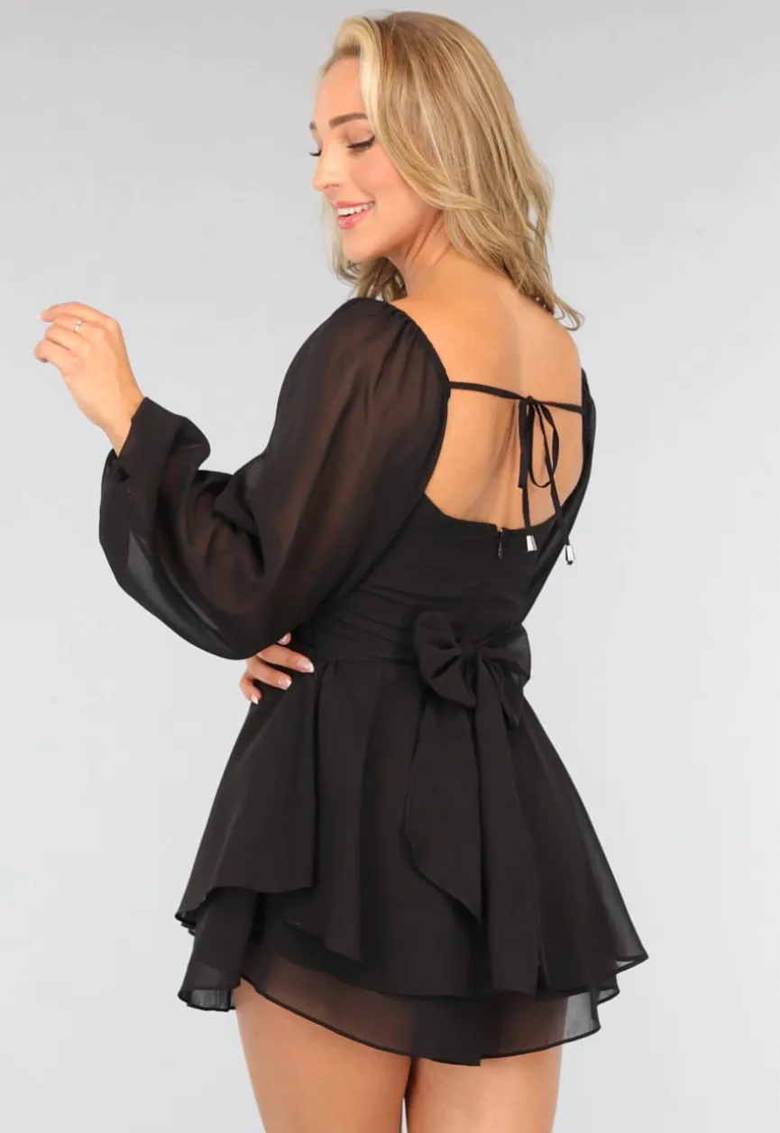 Zwarte Chiffon Playsuit met Pofmouwen