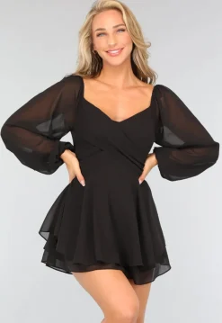 Zwarte Chiffon Playsuit met Pofmouwen