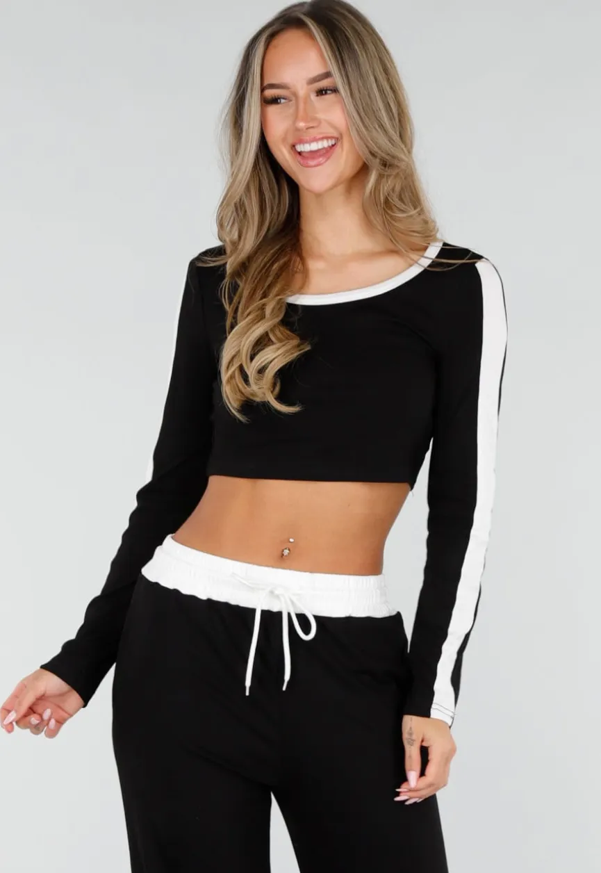 Zwarte Contrast Two Piece Set met Wide Leg Broek