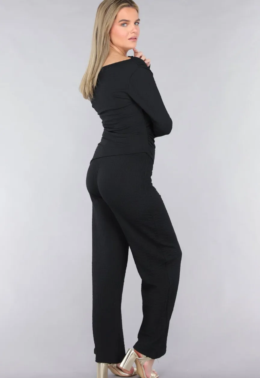 Zwarte Co Ord Set in Gesmokte Stof