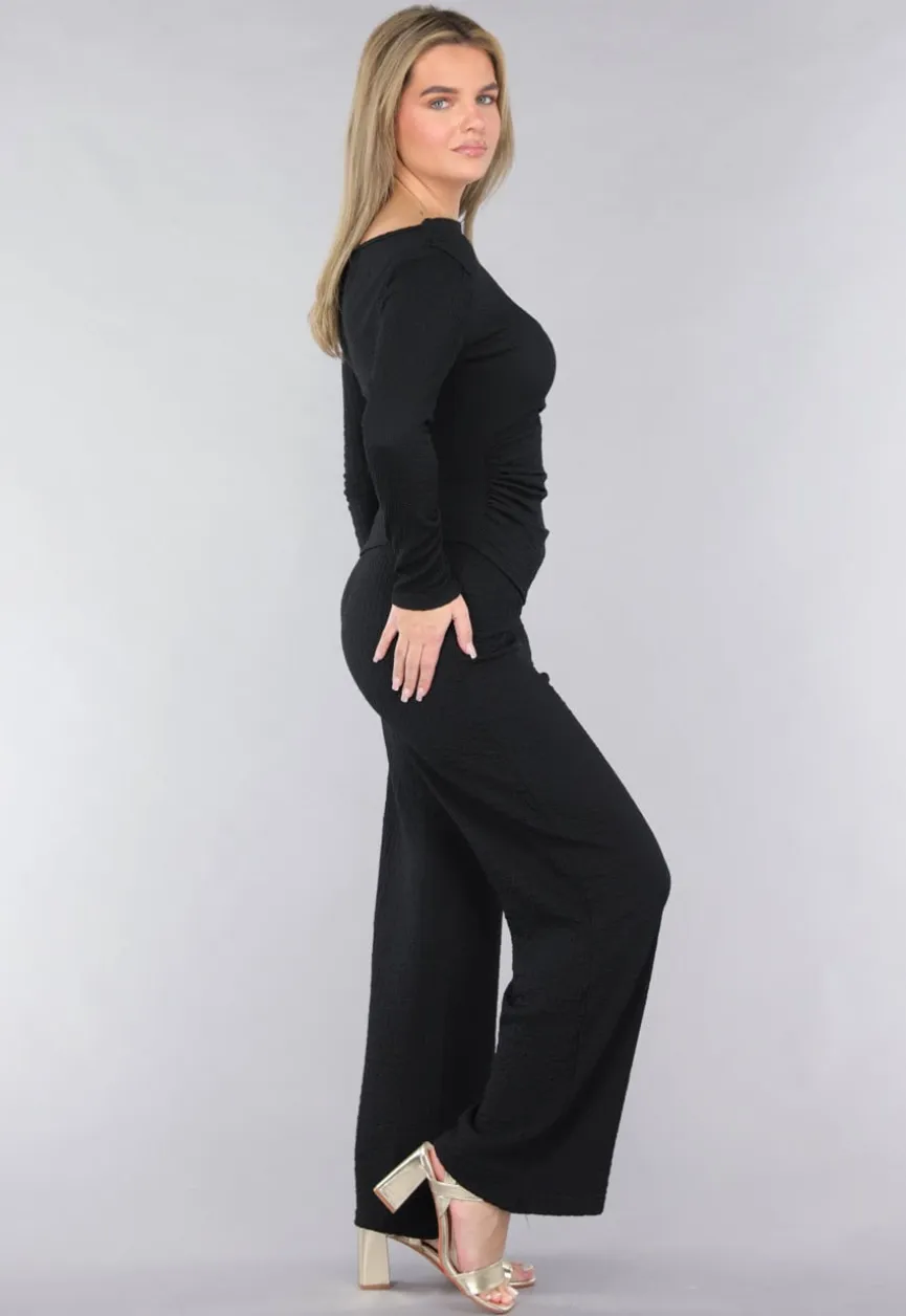 Zwarte Co Ord Set in Gesmokte Stof