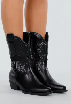Zwarte Cowboylaarzen met Stikseldetail en Lage Hak