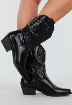 Zwarte Cowboylaarzen met Stikseldetail en Lage Hak