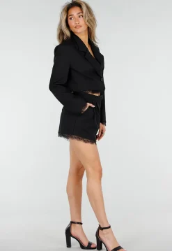 Zwarte Cropped Blazer en Short Set met Kant
