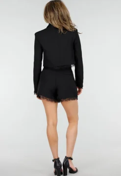 Zwarte Cropped Blazer en Short Set met Kant