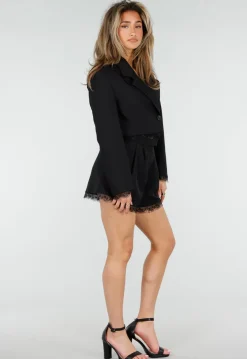 Zwarte Cropped Blazer en Short Set met Kant