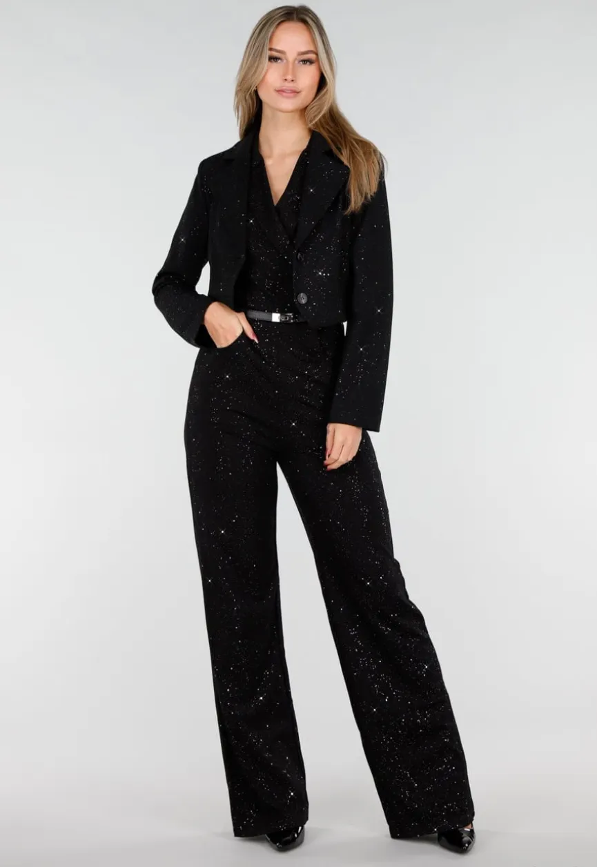 Zwarte Cropped Blazer met Glitters