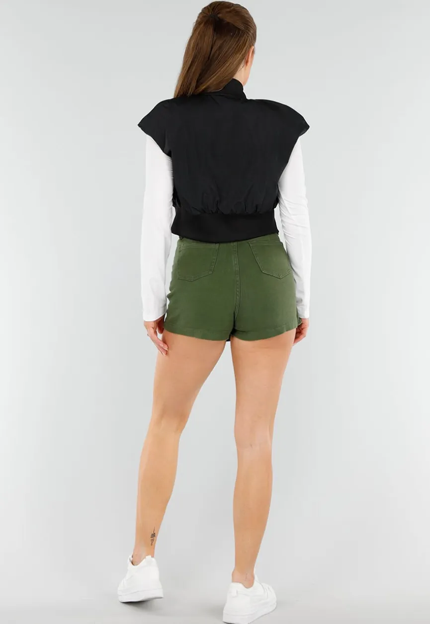 Zwarte Cropped Bodywarmer met Ritssluiting en Hoge Kraag