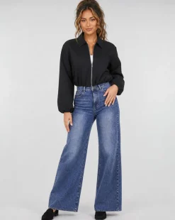 Zwarte Cropped Bomberjack met Ritssluiting en Ballonmouwen
