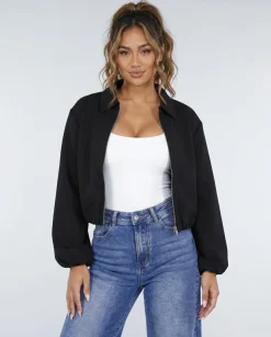 Zwarte Cropped Bomberjack met Ritssluiting en Ballonmouwen
