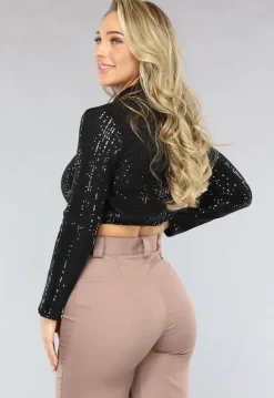 Zwarte Cropped Overslag Blouse met Pailletten