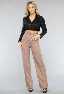 Zwarte Cropped Overslag Blouse met Pailletten