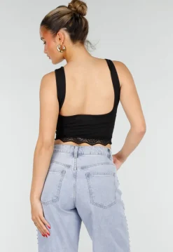 Zwarte Cropped Top met Open Rug en Kant