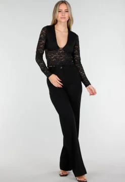 Zwarte Crop Top met Kant en Lange Mouwen