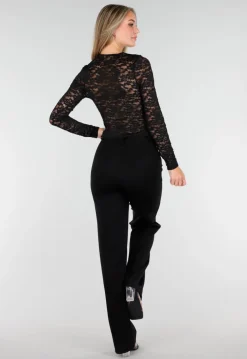Zwarte Crop Top met Kant en Lange Mouwen