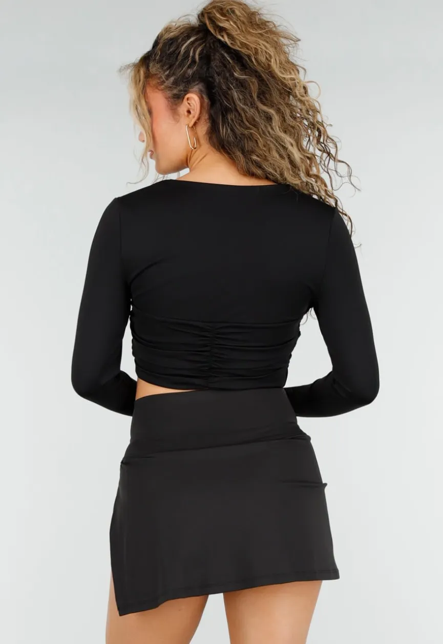 Zwarte Crop Top met Lange Mouwen en Twist en Stretch