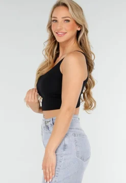 Zwarte Crop Top met Open Twist Rug en Brede Bandjes
