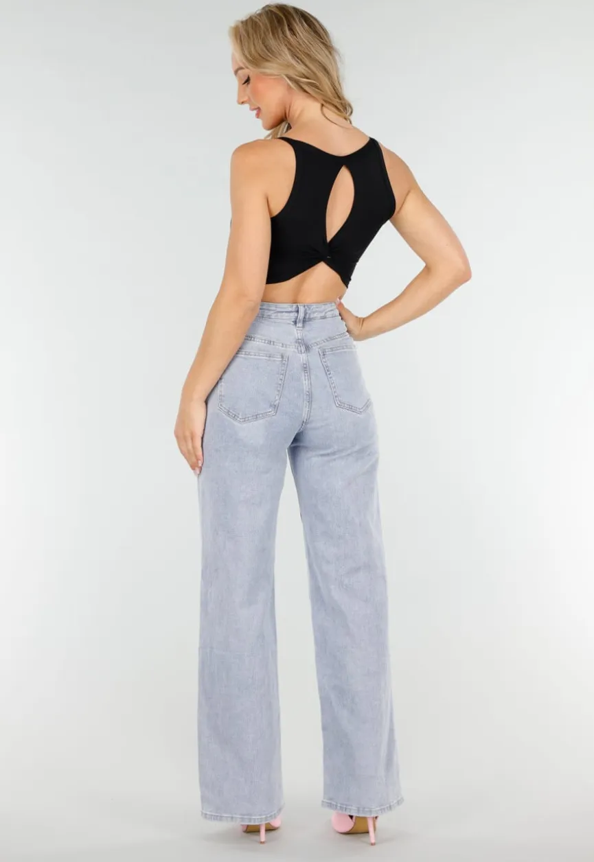 Zwarte Crop Top met Open Twist Rug en Brede Bandjes