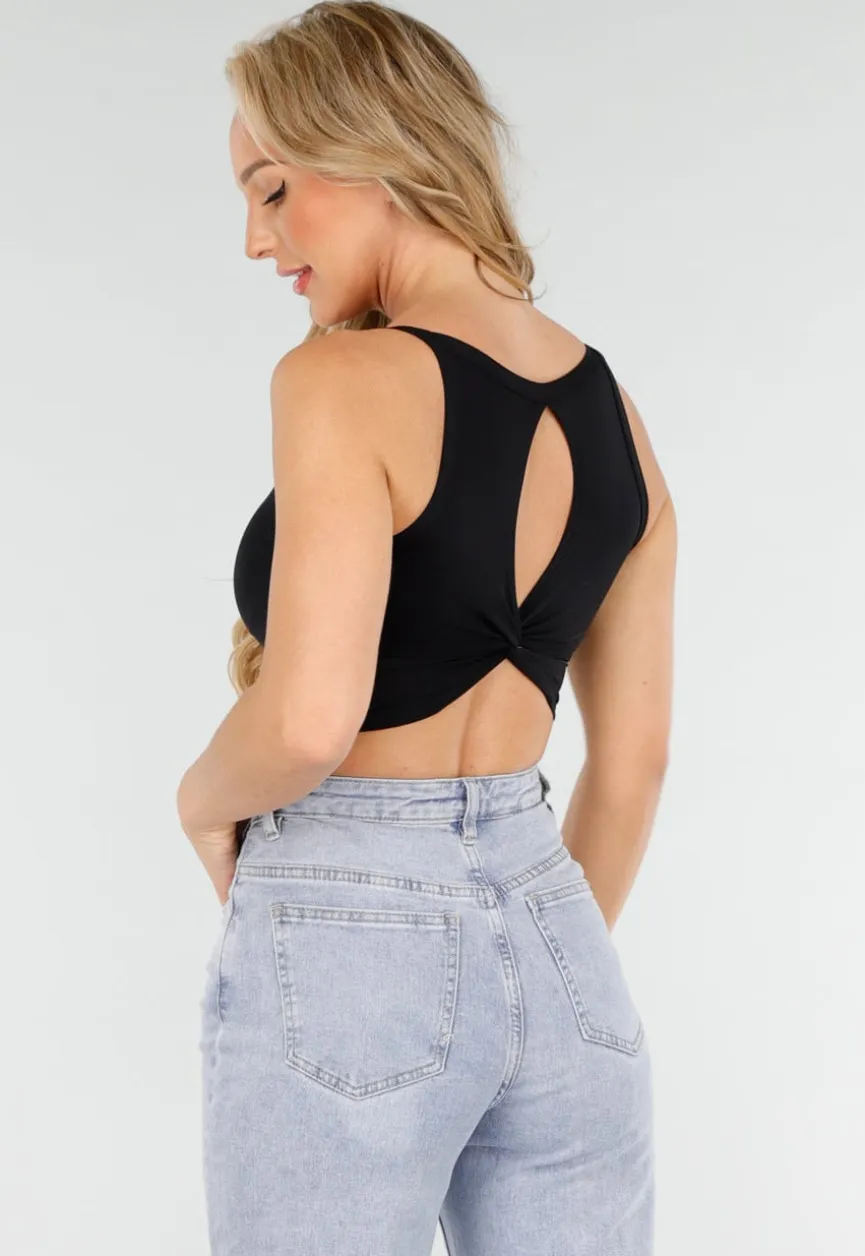 Zwarte Crop Top met Open Twist Rug en Brede Bandjes