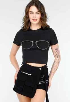Zwarte Crop Top met Rits Details en Korte Mouwen