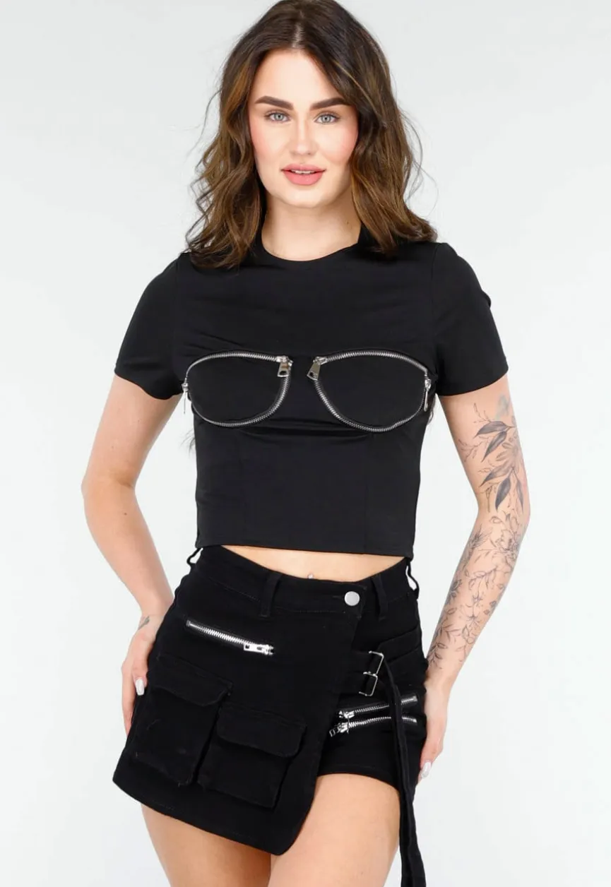 Zwarte Crop Top met Rits Details en Korte Mouwen