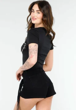 Zwarte Crop Top met Rits Details en Korte Mouwen