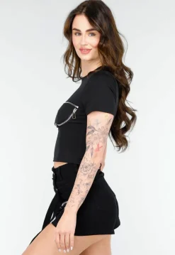 Zwarte Crop Top met Rits Details en Korte Mouwen