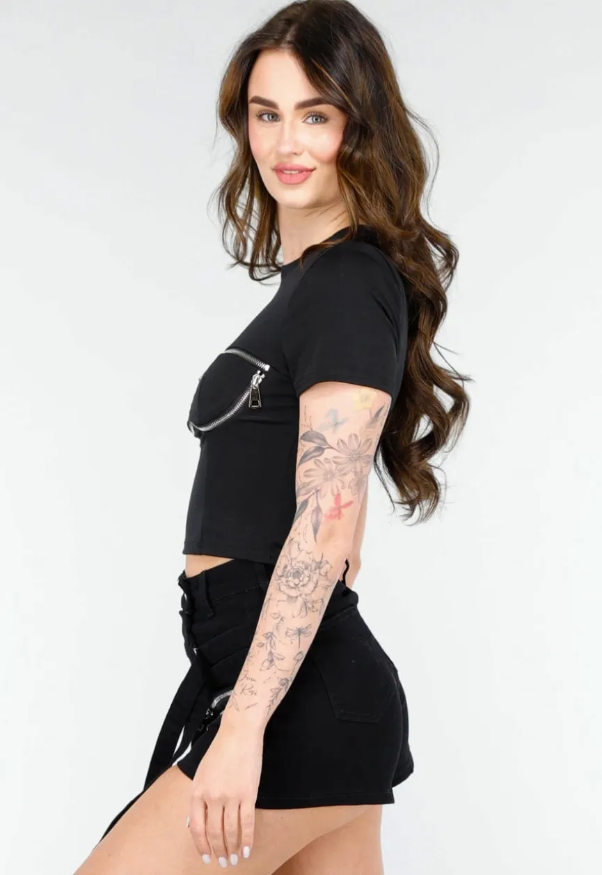 Zwarte Crop Top met Rits Details en Korte Mouwen