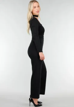 Zwarte Cut Out Jumpsuit met Lange Mouwen