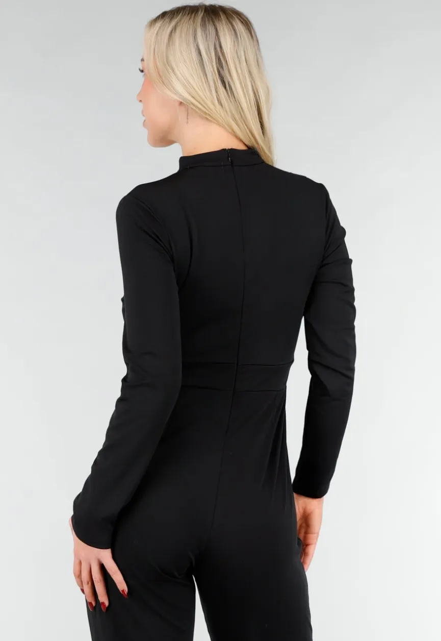 Zwarte Cut Out Jumpsuit met Lange Mouwen