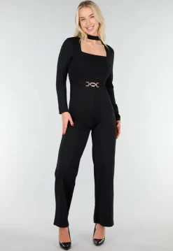 Zwarte Cut Out Jumpsuit met Lange Mouwen