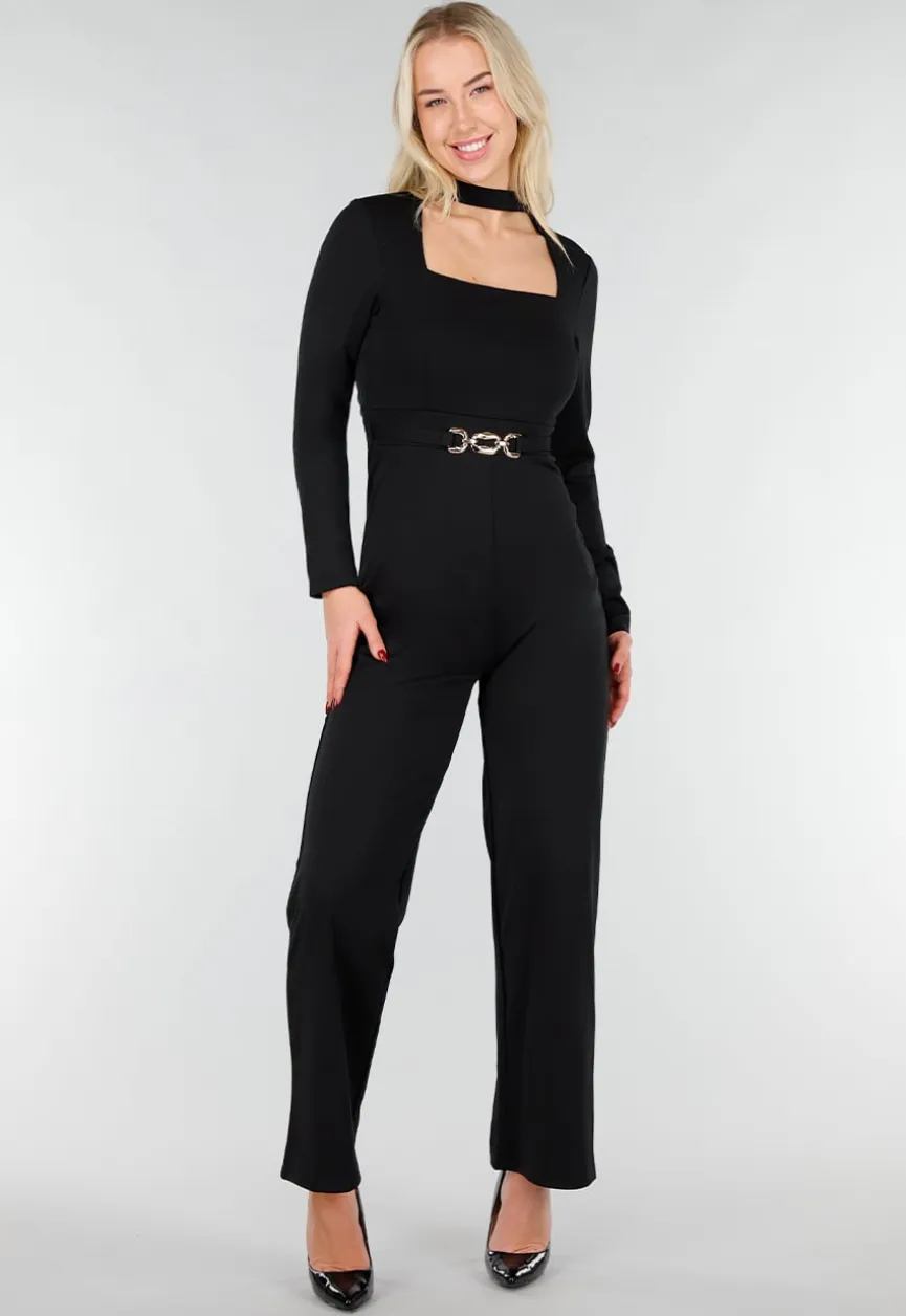 Zwarte Cut Out Jumpsuit met Lange Mouwen