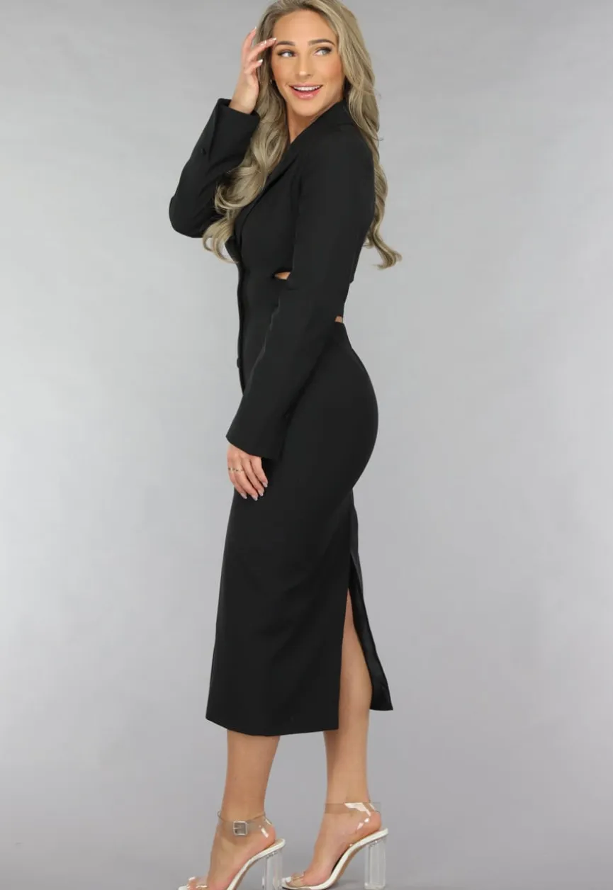 Zwarte Cut Out Midi Jurk met Blazer Look