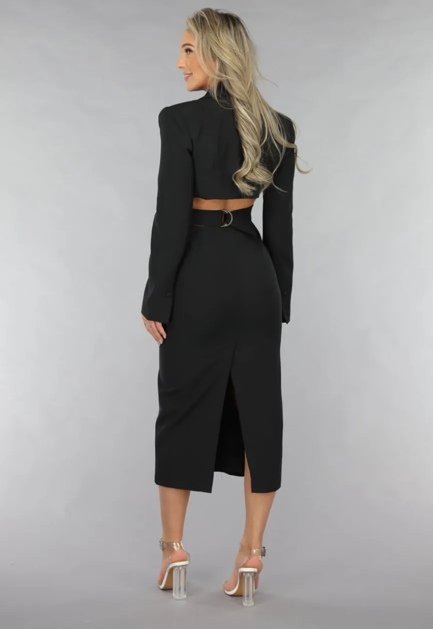 Zwarte Cut Out Midi Jurk met Blazer Look